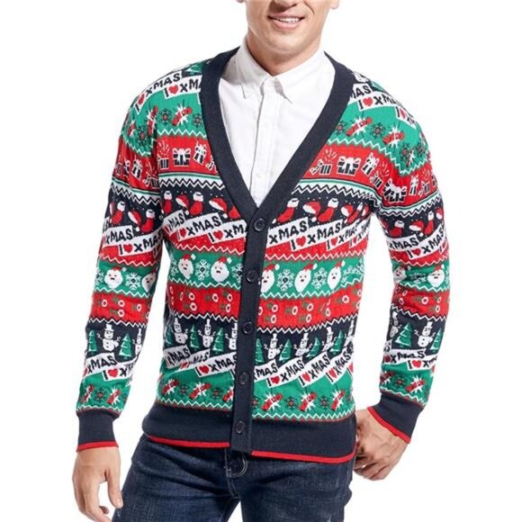 Men's Christmas Rudolph Reindeer Holiday Festive Knitted Sweater Cardigan - Picture 6 of 6